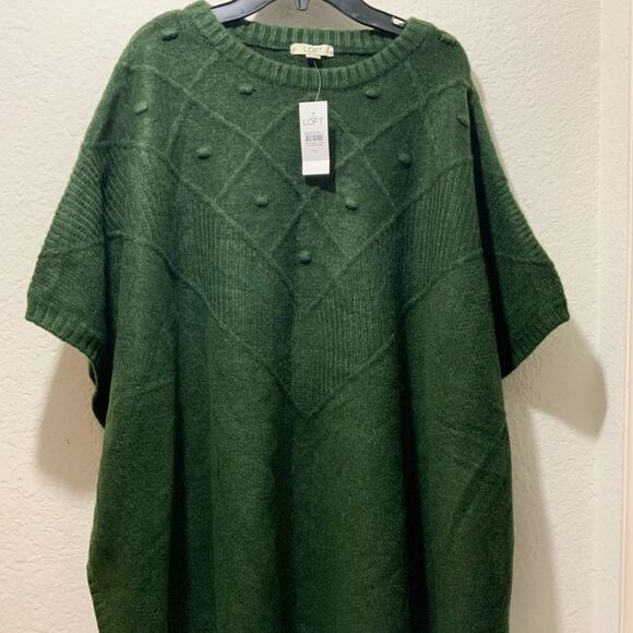 LOFT M/L Medium Large Heather Green Knit Poncho Sweater Wool Blend Soft Cozy - Picture 3 of 9
